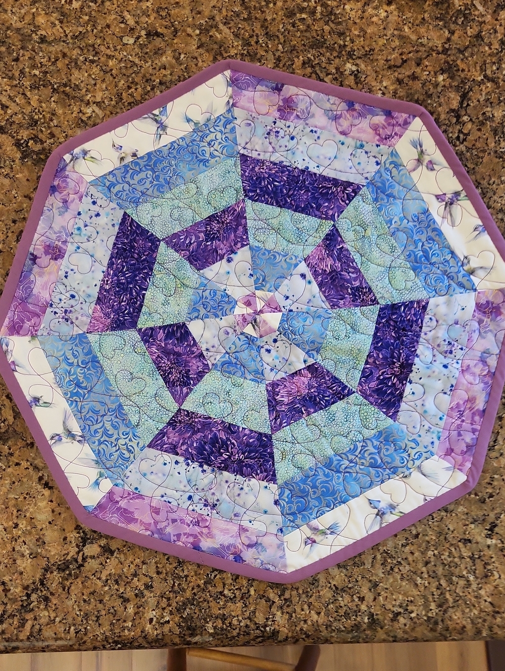 Handmade Octagonal Patchwork Table Topper - Purple & Blue with Hummingbirds